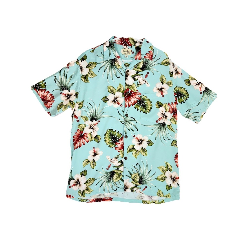Vintage PARADISE BAY Hawaiian Shirt Mens M Blue Floral Rayon Made In Hawaii